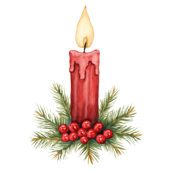 rote kerze mit tannen und weihnachtsbeeren